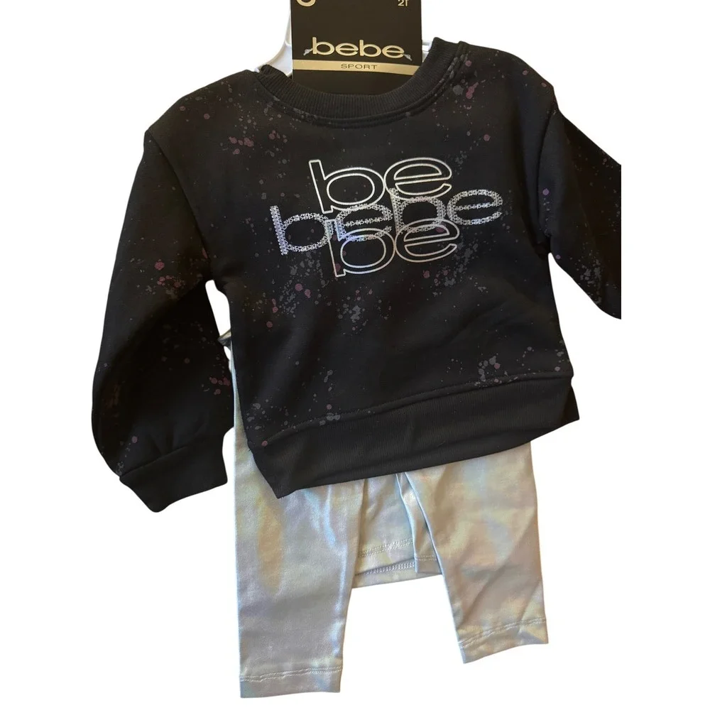 Bebe Sport Kids 2T Black Iridescent 3 Piece Set Sweatshirt Tank Leggings